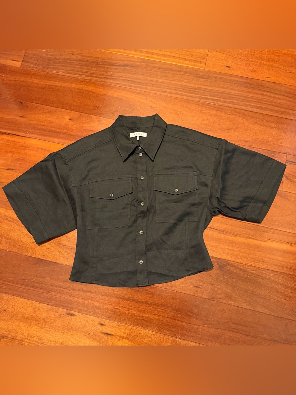 FRAME black medium Linen Blend Wide Sleeve Cropped Button up Short Sleeve Top